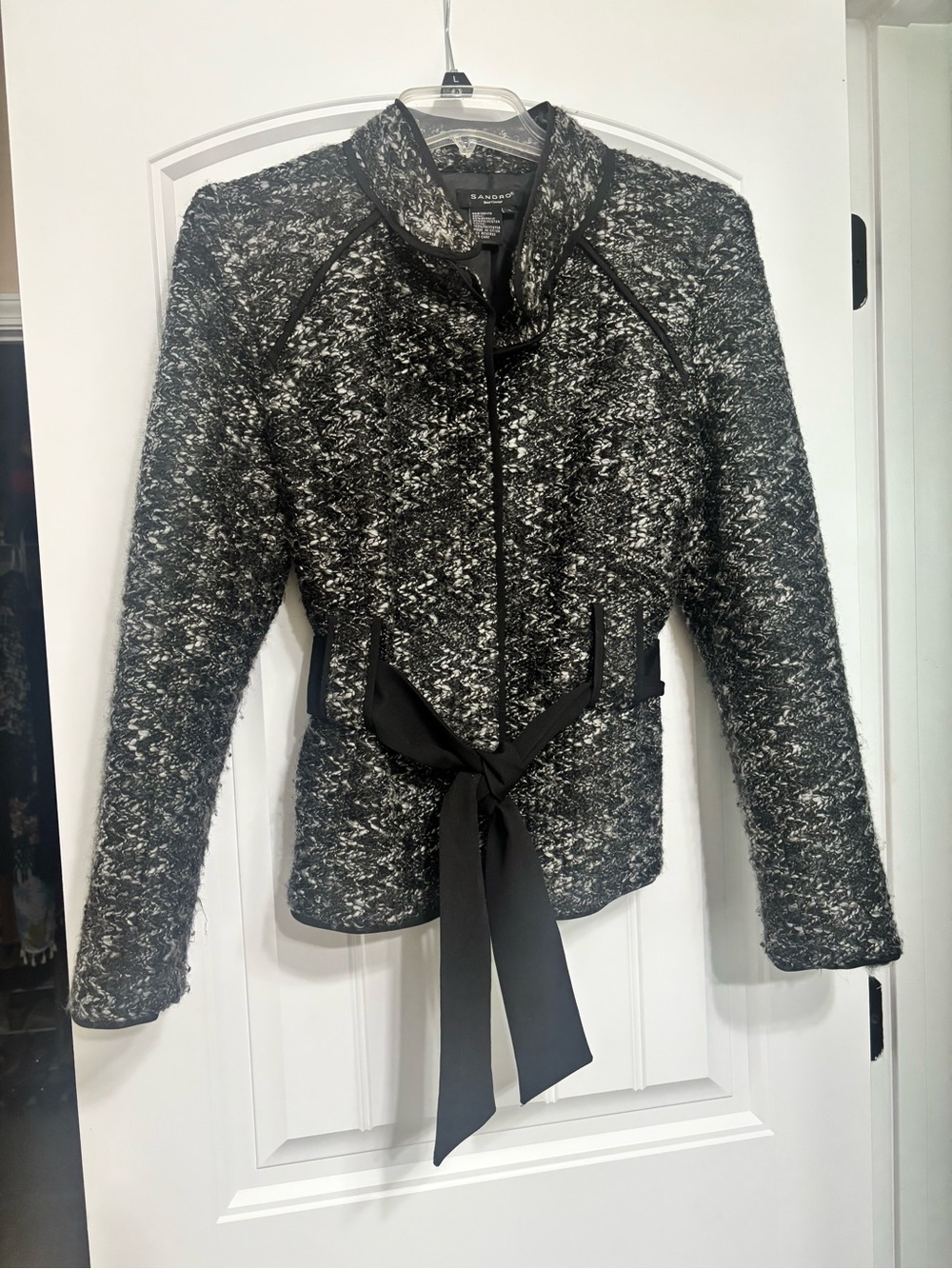 Sandro Black & Gray Tweed Belted Blazer